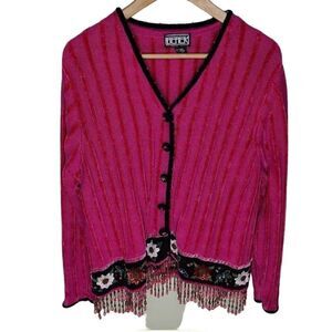 Vintage Berek Beaded Hem Hot Pink Sweater